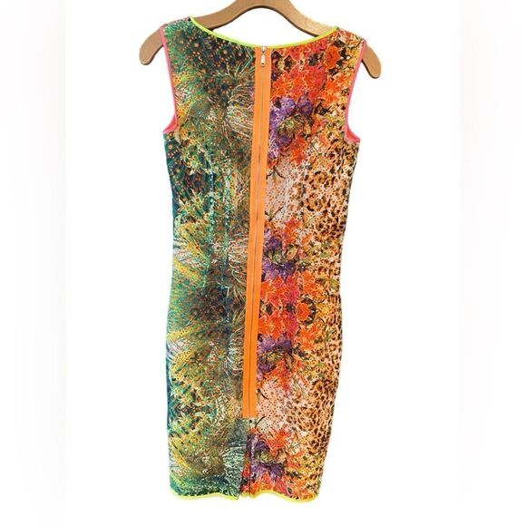Elie Tahari Sz 2 Neon Green Orange Tropical Léopard Mesh Wedding Guest Dress - Picture 2 of 7